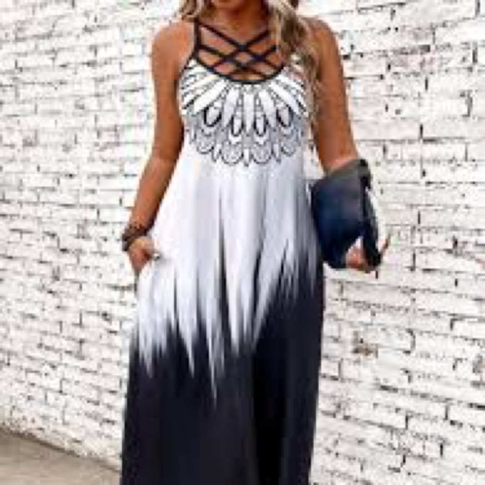 NWOT Elegant Black and White Straps Maxi Dress w/Full Flowing Skirt, Sleeveless - Picture 1 of 5